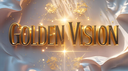 Golden text on flowing white fabric, light bursts and gold dots in the background for a luxury or elegant design element