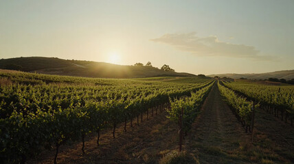 Fototapeta premium Golden Hour Vineyard. Picturesque rows of grapevines stretch to distance in late afternoon golden light. Warm & inviting vineyard landscape.