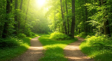 Dirt Road Splitting into Two Paths in a Lush Green Forest – Symbolizing Choices and Decisions in a Tranquil Natural Setting