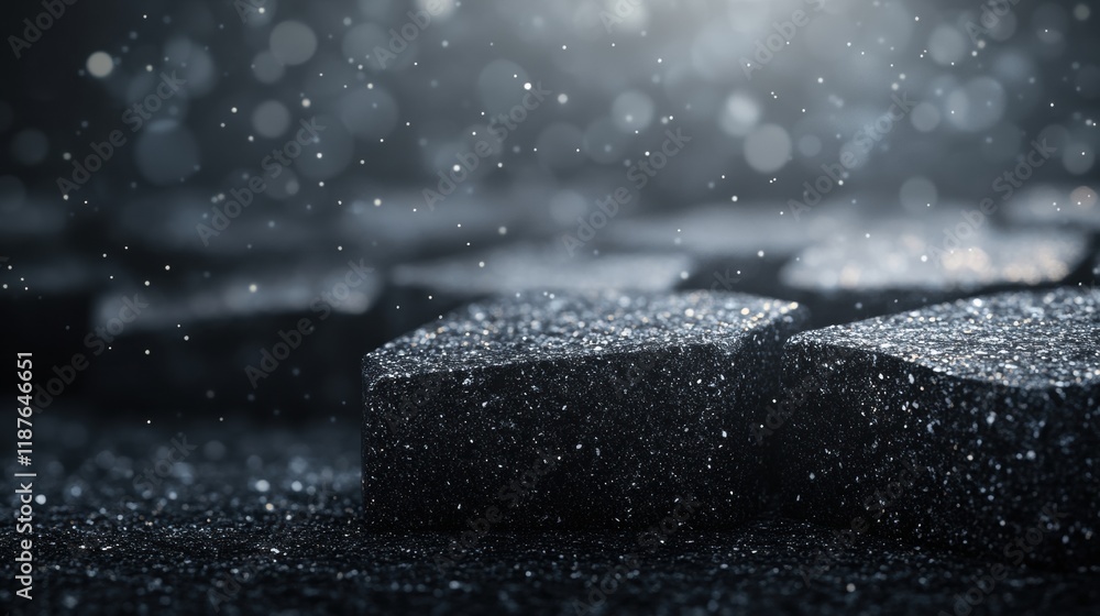 Poster the image features textured surfaces with scattered particles, creating a moody atmosphere illuminat
