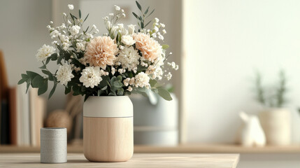 beautiful flower vase with soft peach and white blooms, showcasing modern design. arrangement adds touch of elegance to any interior space, perfect for home decor