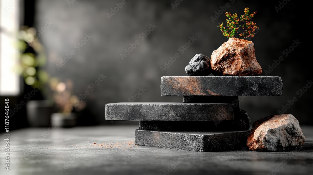 Poster a minimalist display featuring stacked dark stones and natural elements set against a moody backgrou