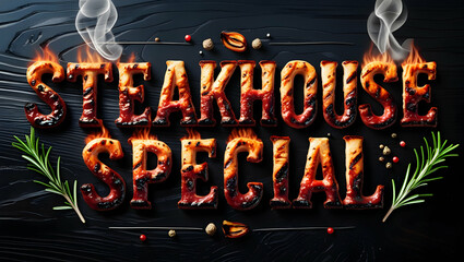 Grilled Steakhouse Special, culinary text design on dark wood with smoke and herbs, promotion for a restaurant