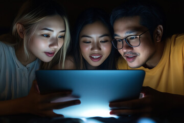 Close-up of three young Asian adults engaged with a glowing tablet, radiating curiosity and collaboration under a warm, modern digital light.
