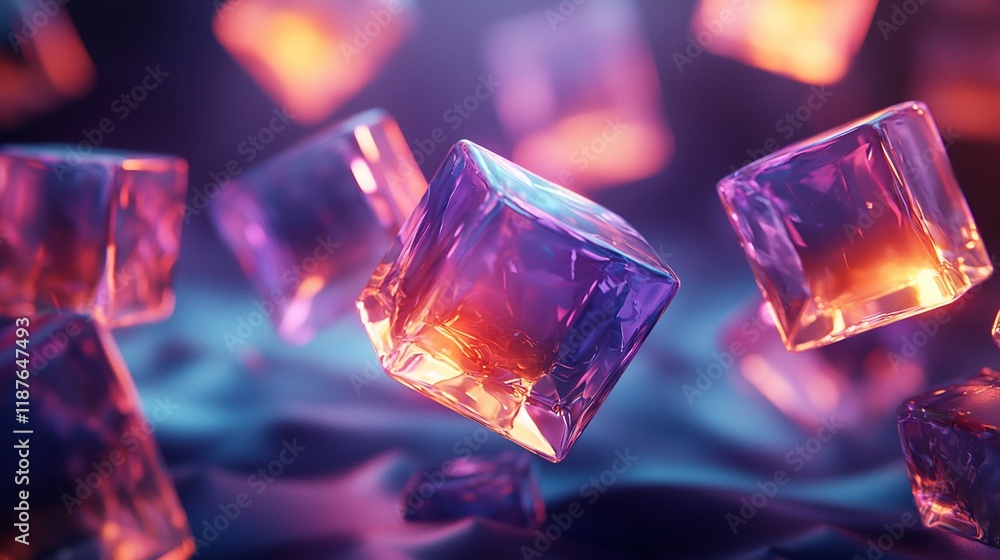Poster glowing translucent cubes float on vibrant surface.