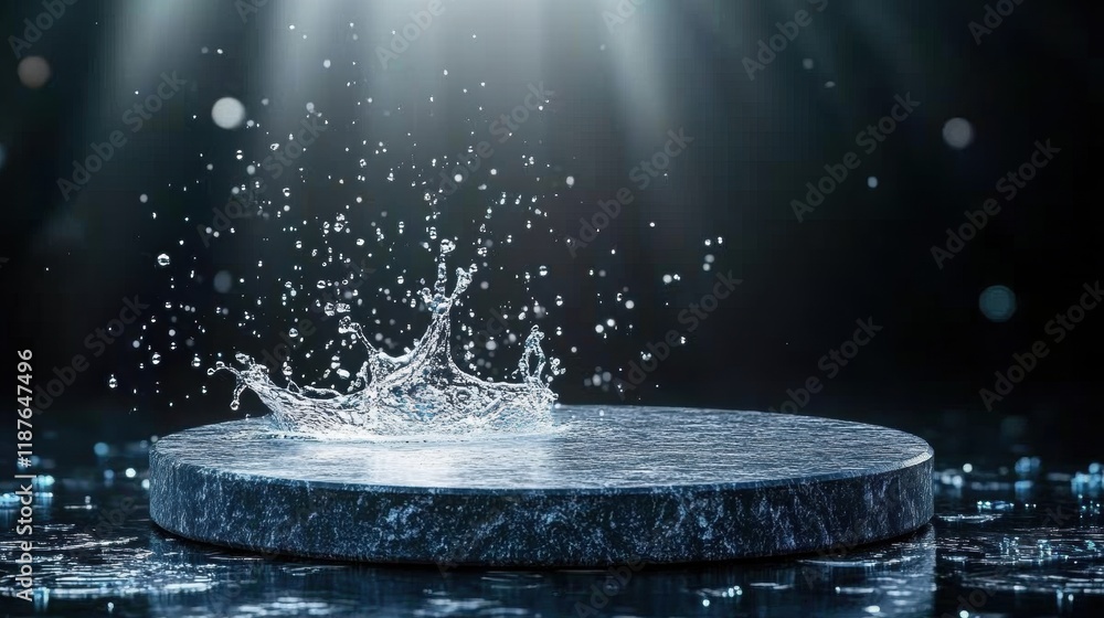 Poster water splash creating dynamic movement over a rough stone surface in natural outdoor setting