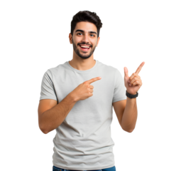 Attractive young guy smiling and pointing his finger 
