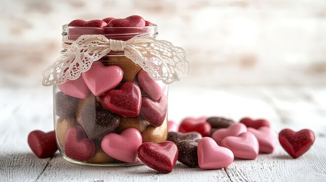 Mason jar with assorted heart-shaped candy on rustic wooden table