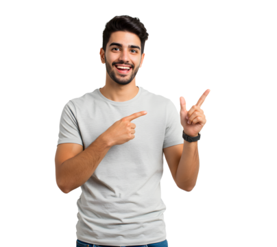 Attractive young guy smiling and pointing his finger 