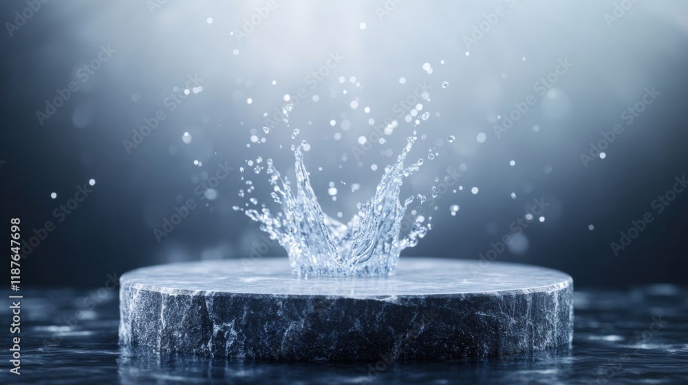 Aufkleber water splash on ice cubes creating ripples on a dark background in high resolution