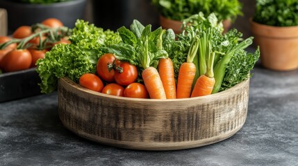 A wooden bowl filled with fresh vegetables, including tomatoes, carrots, and leafy greens. These vibrant, nutrient-rich ingredients are often linked to cancer prevention and promoting overall health