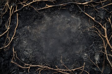 Dark soil encircled by burnt branches and twigs