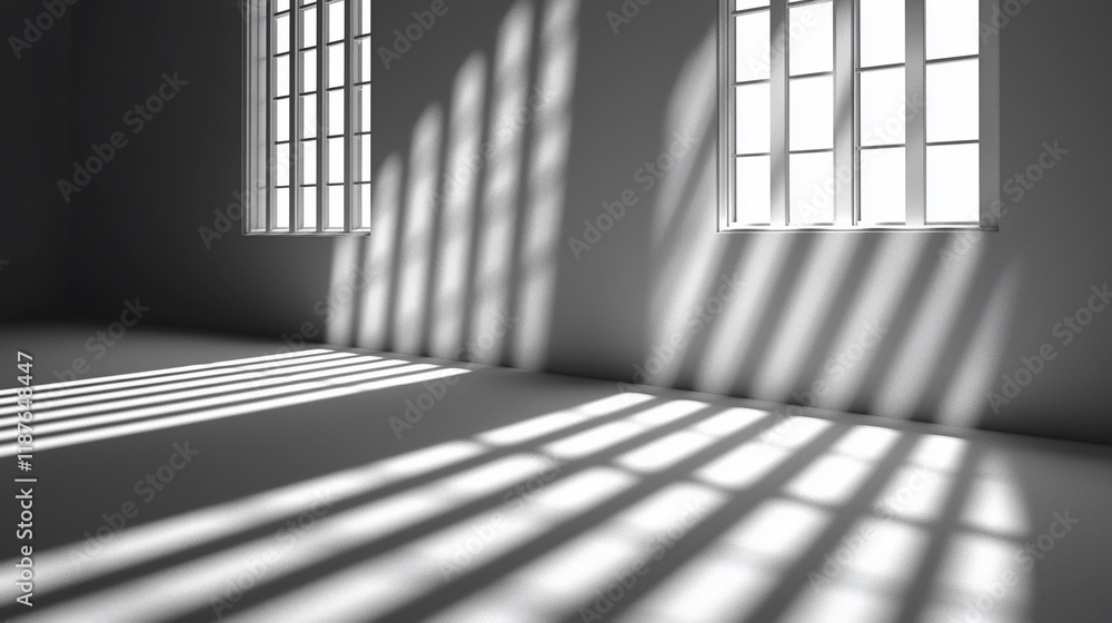 Poster Sunlight streams through windows in a minimalist room, casting dramatic shadows on the floor.