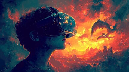 Fototapeta premium A Boy's Virtual Reality Journey: Dragons, Fire, and a Fiery Fantasy World