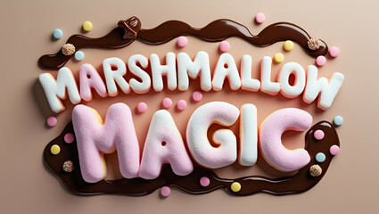 Marshmallow magic word art with chocolate drips and candy bits, for culinary design use