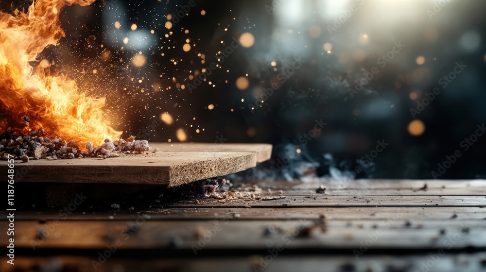 Poster a dynamic scene depicting a wooden surface with flames and glowing embers, creating an atmosphere of