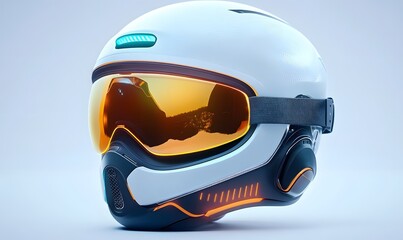 Futuristic white ski helmet with orange and blue accents and goggles.