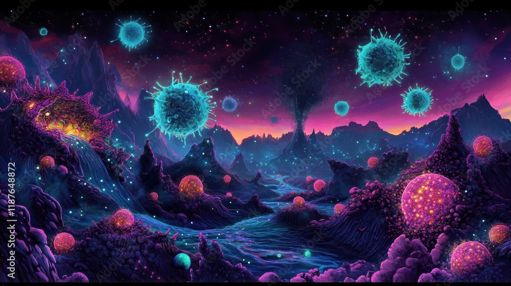 Leinwandbilder Vibrant microscopic landscape features glowing viruses in a surreal setting. Generative AI