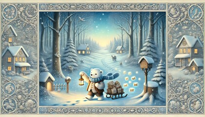 A Magical Polar Bear Mailman Walking Through a Snowy Enchanted Forest Delivering Parcels Amidst a Dreamy Winter Wonderland