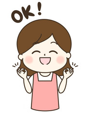 OKポーズをしているエプロンの女性のゆるかわイラスト