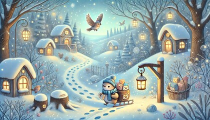 A Magical Postbird's Journey Through a Snowy Forest Path Surrounded by Glowing Woodland Homes in a Serene Winter Wonderland