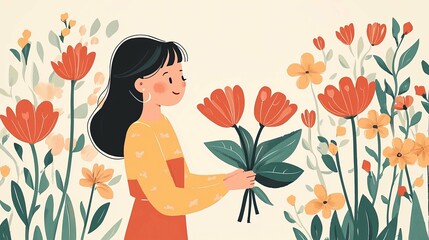 A Girl Surrounded by a Stunning Floral Bouquet: Springtime Beauty and Delicate Blossoms