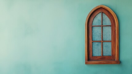 Serene Wooden Arch Window on Teal Wall: Minimalist Design