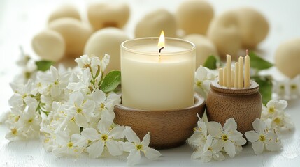 Scented candle among blossoms and aromatic sticks for tranquil atmosphere