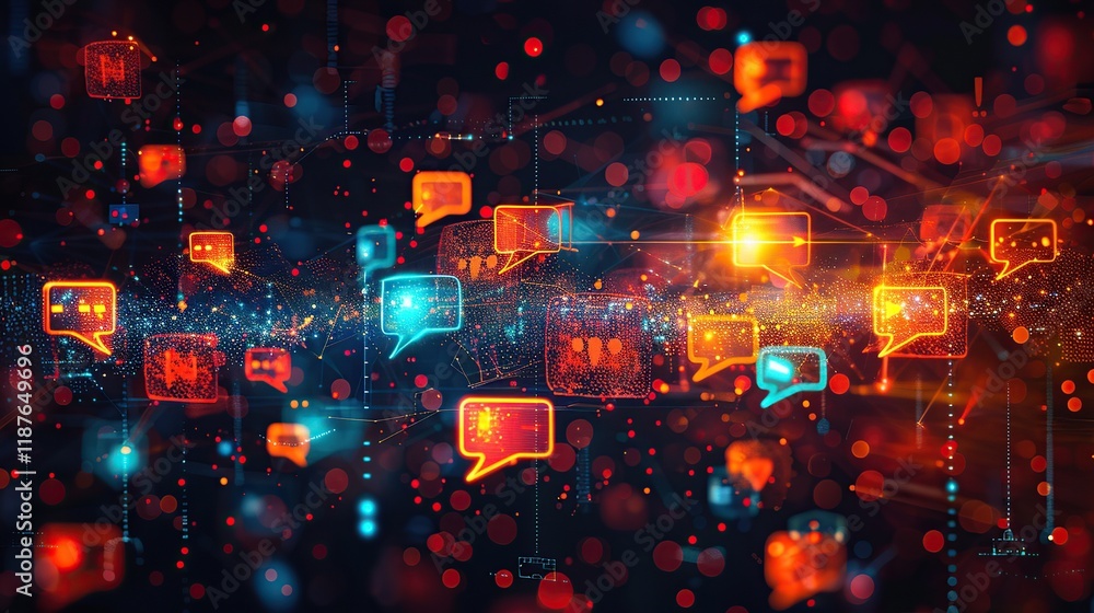 Aufkleber dynamic digital communication scene with speech bubbles and text messaging elements