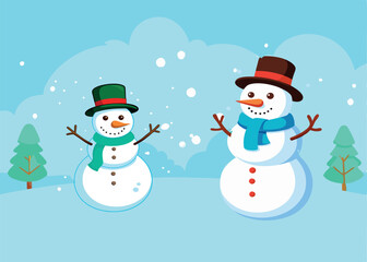 Two snowmen wearing hats and scarves enjoying winter landscape