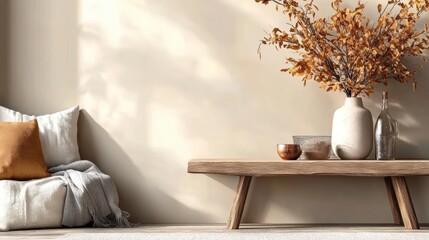 A cozy interior scene with a rustic wooden table, decorative vase, dried foliage, and a soft couch, creating a warm and inviting atmosphere.