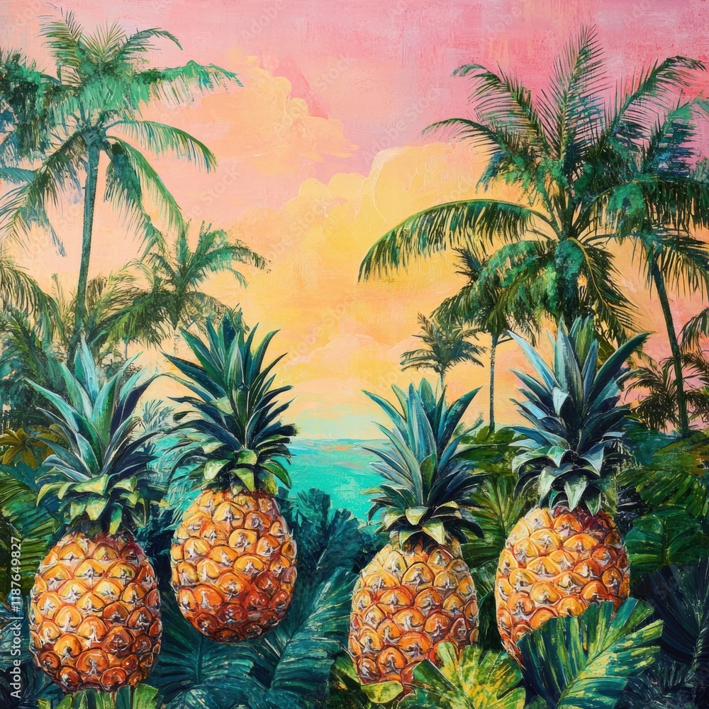 Poster pineapples in tropical paradise with palm trees and colorful sunset sky. generative ai