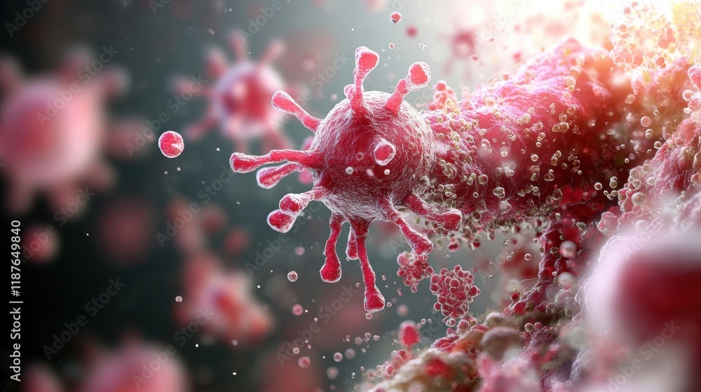 Poster a close-up of a virus, showing its intricate structure and surrounding particles, highlighting the m