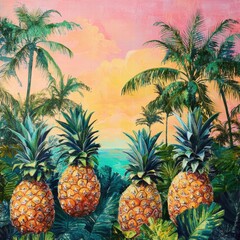 Pineapples in tropical paradise with palm trees and colorful sunset sky. Generative AI