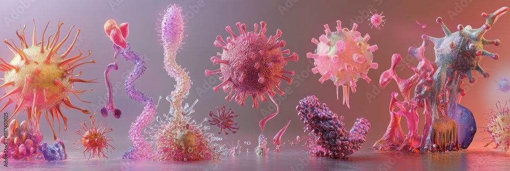 Poster progression of virus forms from simple structures to complex organisms in vivid detail. generative a