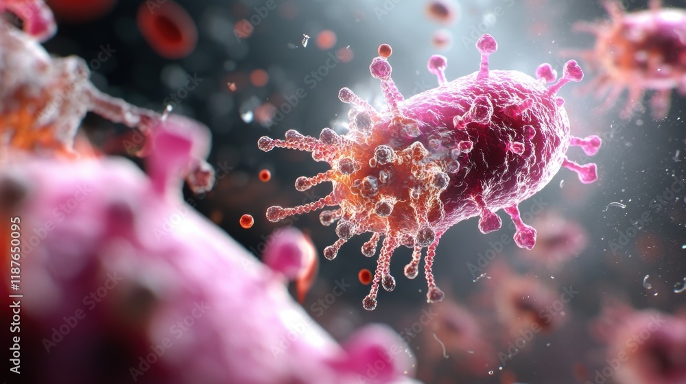 Poster a close-up view of a virus, showcasing its intricate structure and vibrant colors, emphasizing its m