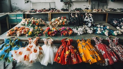 Fototapeta premium Colorful floral dresses and flower arrangements on display in a workshop.