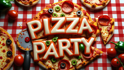 Pizza party on a red checked tablecloth with more pizzas and tomatoes in background. Suitable for party or restaurant promotion