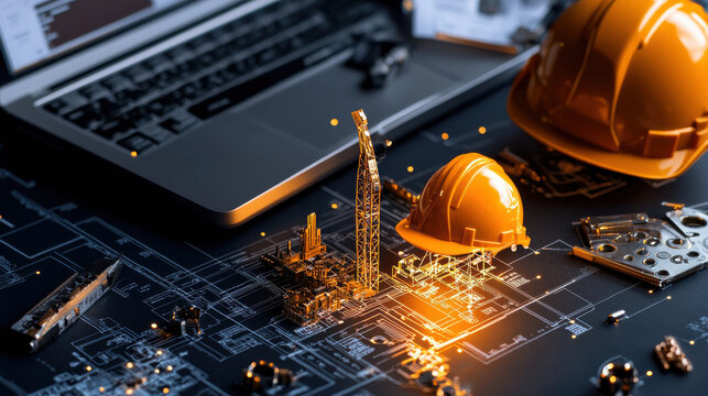tech enabled system for tracking project expenses is depicted, featuring construction helmets, blueprints, and laptop. scene conveys innovation and efficiency in project management