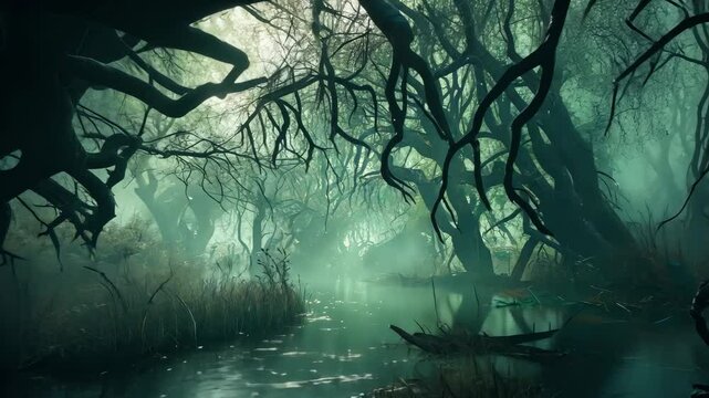 Cursed swamp with twisted trees and eerie waters shrouded in darkness at twilight, dark and cursed swamp with twisted trees, Seamless ing video background