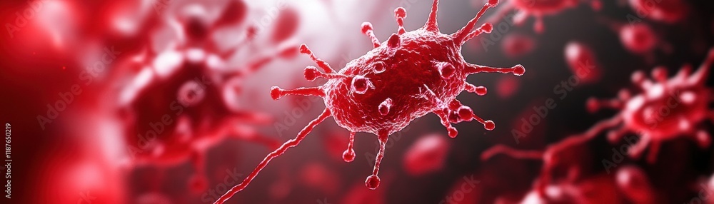 Poster a close-up view of red bacteria with spiky structures, set against a dark background, illustrating m