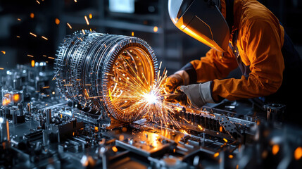 technician performs TIG welding on complex metal component, creating sparks in high tech industrial environment. scene captures precision and craftsmanship