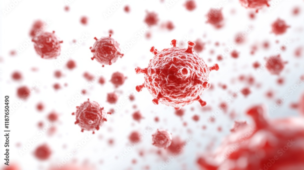 Aufkleber close-up view of red virus cells floating in a pale background, illustrating microscopic details of 