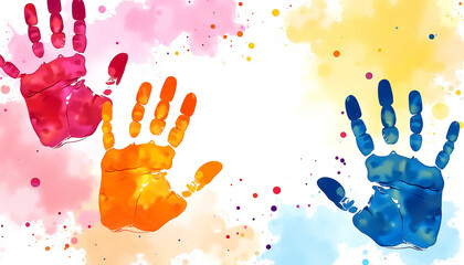 Colorful handprints on vibrant watercolor background, joyful Happy Holi celebration