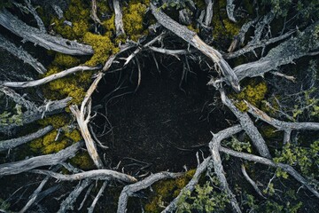 Mossy branches form a circular frame around dark earth