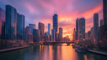 Fototapeta premium Breathtaking Dubai Skyline at Sunset - Aerial Cityscape Photography