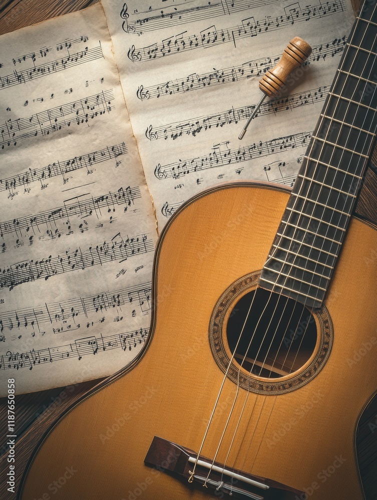 Aufkleber Creating music with an acoustic guitar and scattered sheet music in a cozy practice space. Generative AI