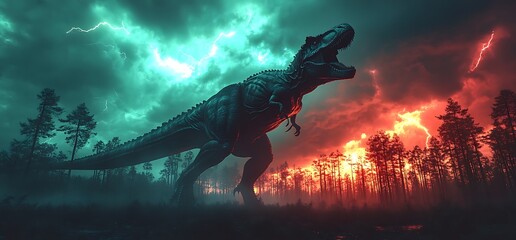 Tyrannosaurus Rex in fiery storm, prehistoric landscape.