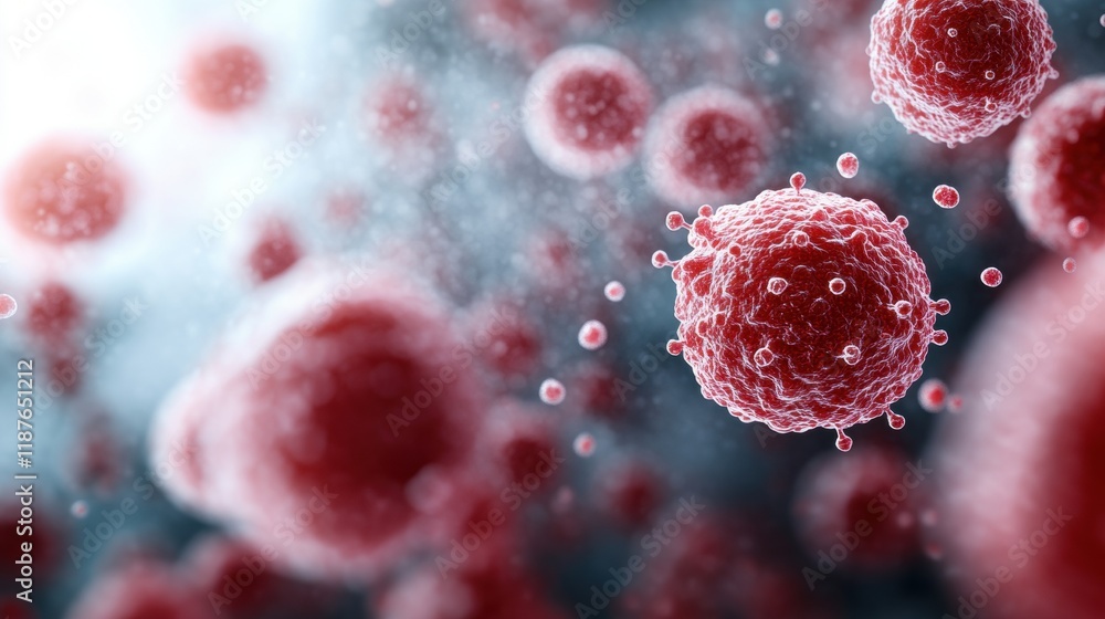 Poster a detailed depiction of red, spherical cells, illustrating cellular structure and dynamics in a micr