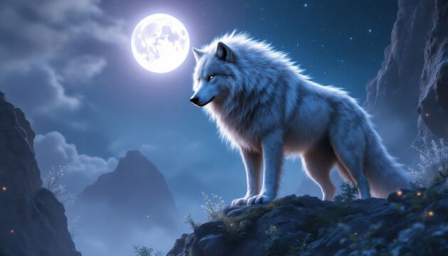 Majestic White Wolf Under a Full Moon on a Mountain Peak
